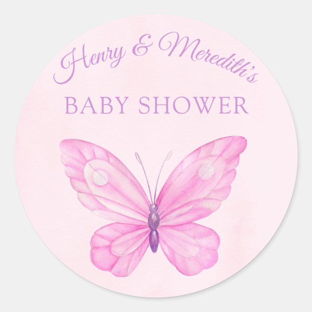 Sticker Rond Baby shower papillon rose et pourpre (Devant)