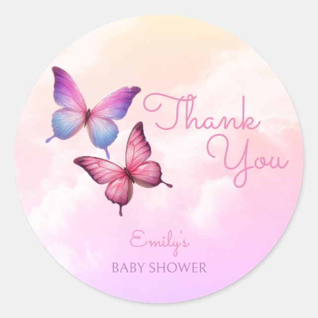 Sticker Rond Baby shower papillon rose lavande (Devant)