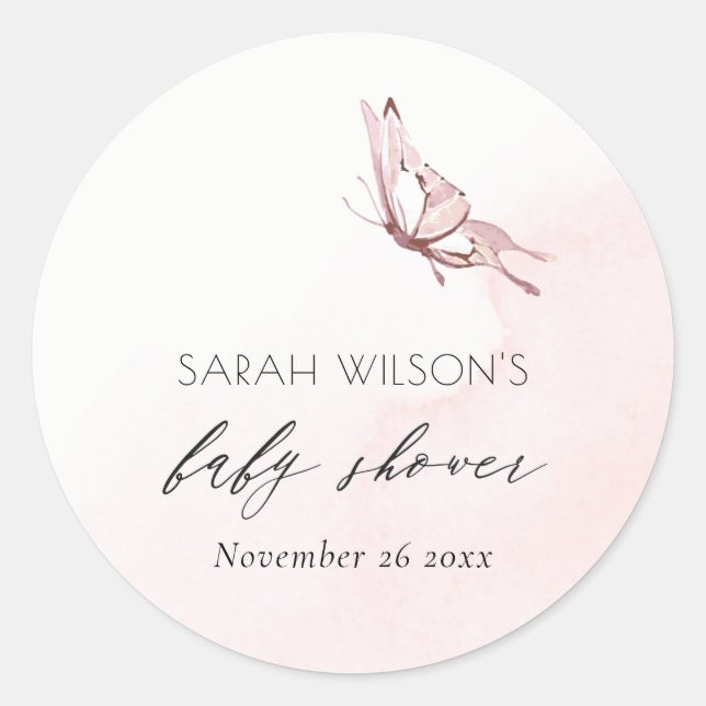 Sticker Rond Baby shower papillon rose pâle à l'aquarelle rose (Devant)