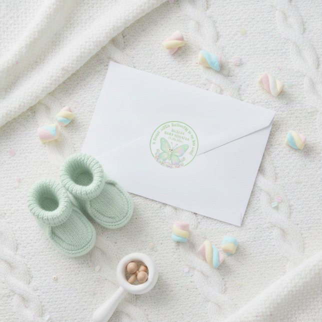Sticker Rond Baby Shower Papillon Vert Menthe Marshmallow  (Mint Green Marshmallow Butterfly Baby Shower Classic Round Sticker)