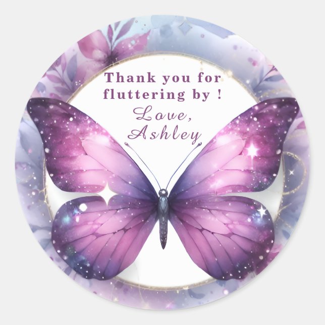 Sticker Rond Baby Shower Papillon Violet Merci  (Devant)