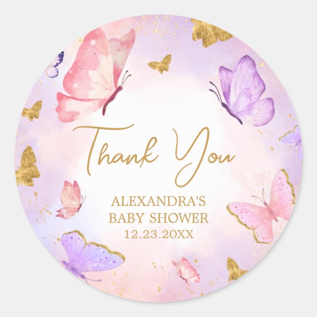 Sticker Rond Baby shower papillon violet rose or (Devant)