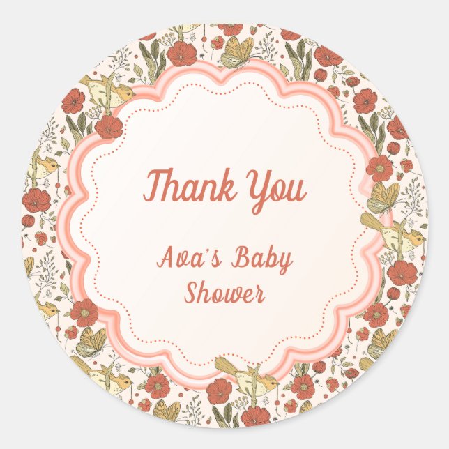 Sticker Rond Baby shower | Papillons et fleurs poétiques Floral (Devant)