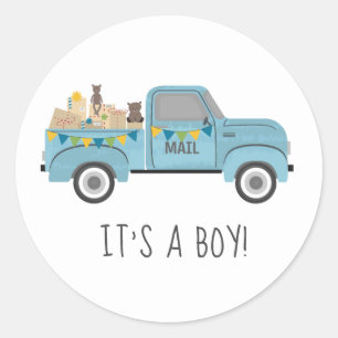 Sticker Rond Baby shower par courrier Vintage Camion bleu
