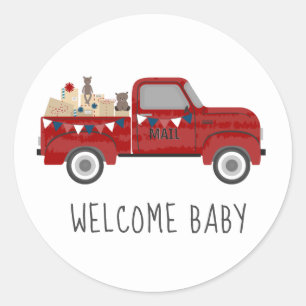 Sticker Rond Baby shower par courrier Vintage Camion Rouge