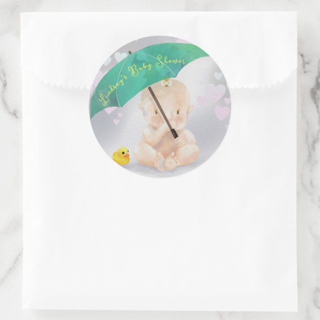 Sticker Rond Baby shower parapluie personnalisé mignon de coeur (Sac)