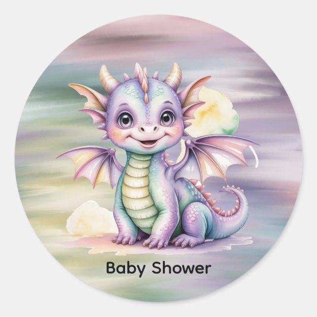 Sticker Rond Baby Shower Pastel Fantasy Dragon (Devant)