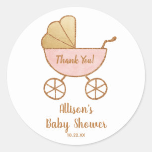 Sticker Rond Baby shower Pastel Pink Retro Carriage Merci