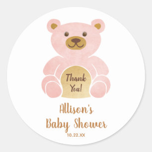 Sticker Rond Baby shower Pastel Pink Teddy Bear Merci