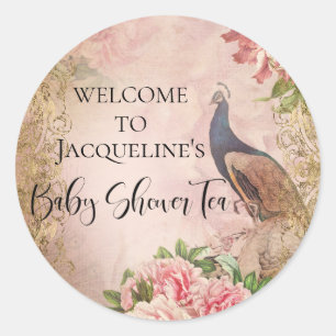 Sticker Rond Baby shower Peacock Vintage Elegant Peony Girl
