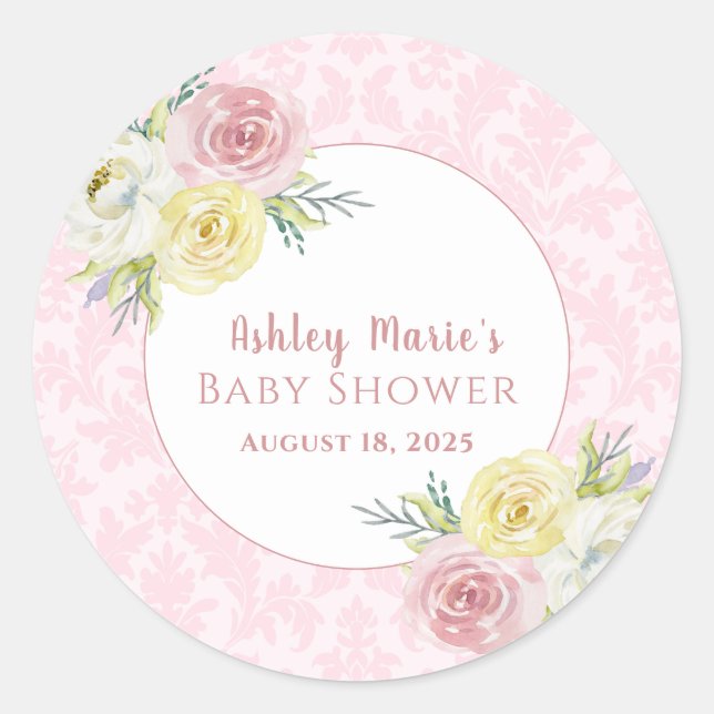 Sticker Rond Baby shower Personnalisable de fleurs d'aquarelle  (Devant)