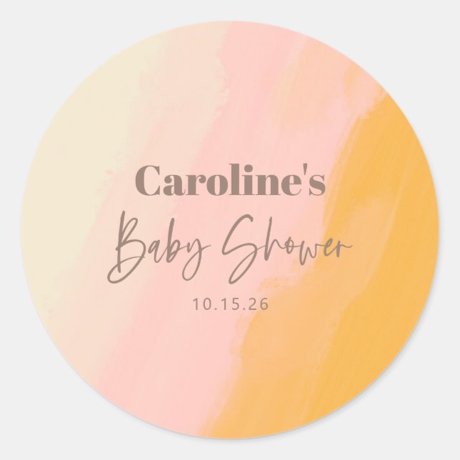 Sticker Rond Baby shower personnalisé Boho Pink Yellow Script (Devant)