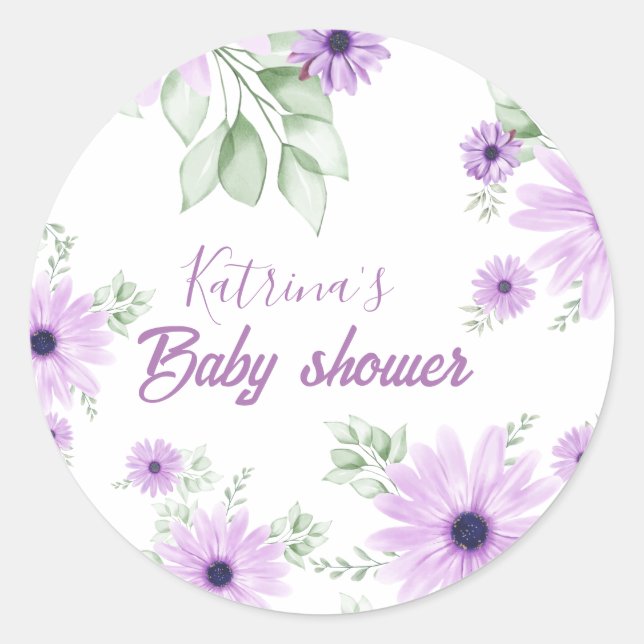 Sticker Rond Baby shower personnalisé de fleurs d'aquarelle vio (Devant)