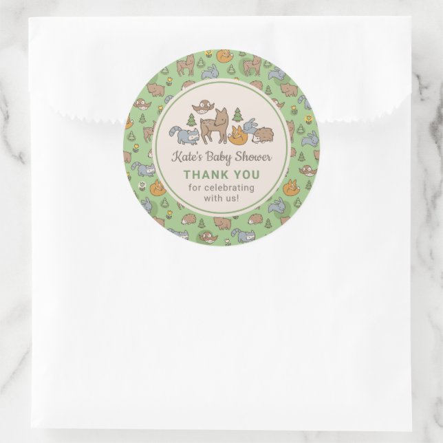 Sticker Rond Baby shower personnalisé des animaux de bois (Sac)