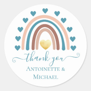 Sticker Rond Baby shower personnalisé Merci bleu-arc-en-ciel
