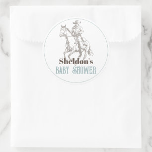 Sticker Rond Baby shower petit cowboy Western Blue Boy