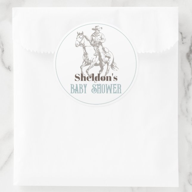 Sticker Rond Baby shower petit cowboy Western Blue Boy (Sac)