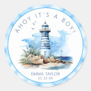 Sticker Rond Baby shower phare bleu marine