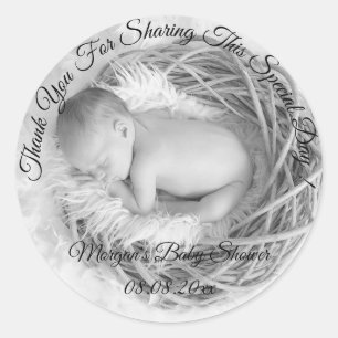 Sticker Rond Baby shower photo gris Nom du Merci