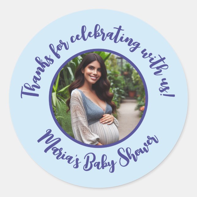 Sticker Rond Baby shower photo personnalisé Merci de script mod (Devant)