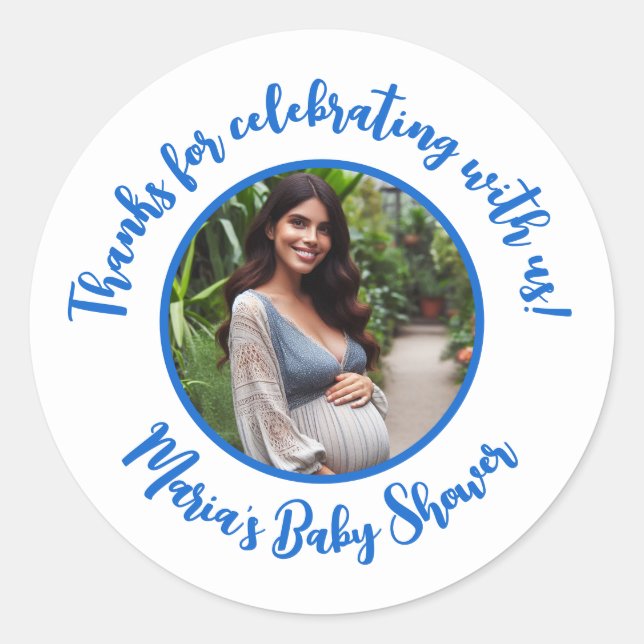 Sticker Rond Baby shower photo personnalisé Merci de script mod (Devant)
