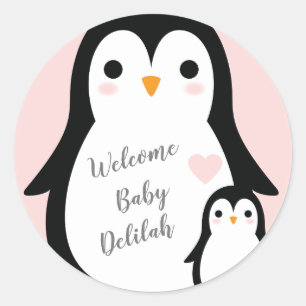 Sticker Rond Baby shower Pingouin mignon fille rose