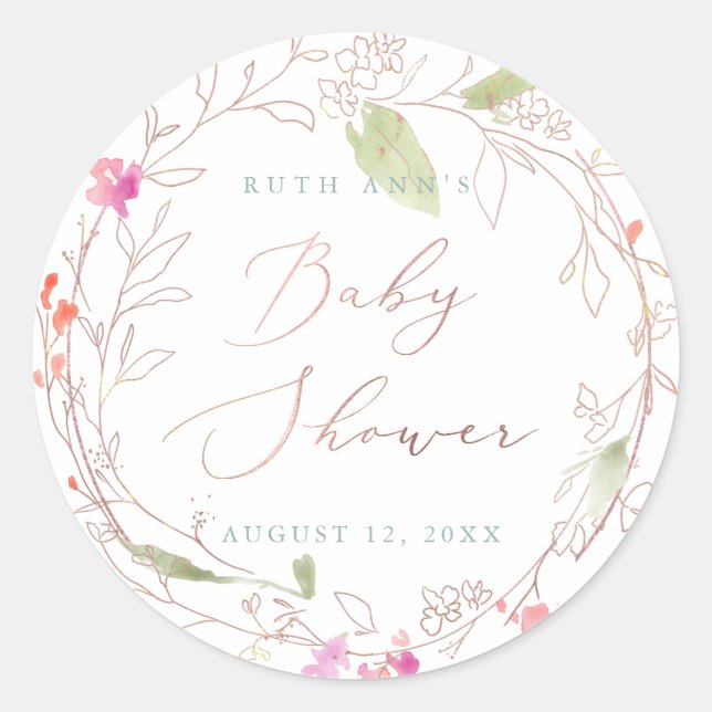 Sticker Rond Baby shower PixDezines, Aquarelle florale, Blush (Devant)