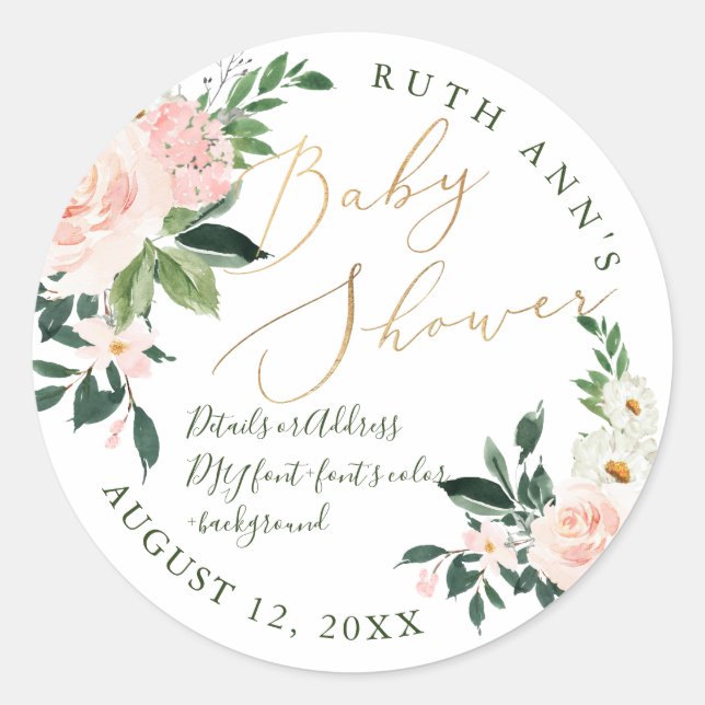 Sticker Rond Baby shower PixDezines, Aquarelle florale, Blush (Devant)