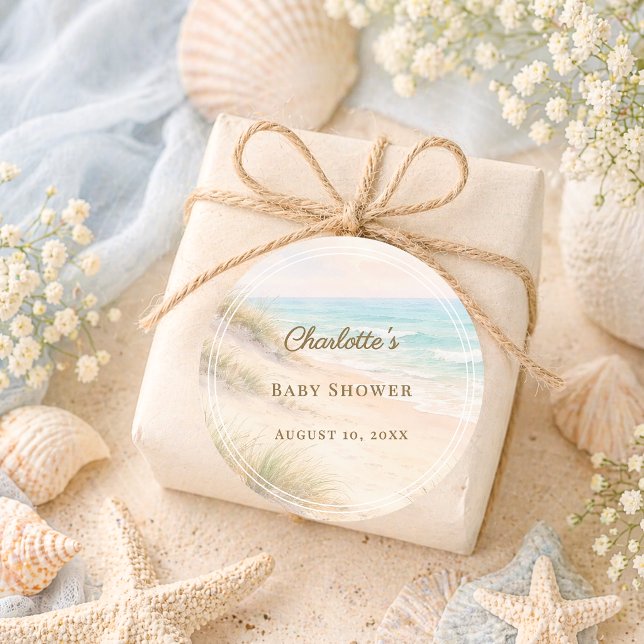Sticker Rond Baby Shower plage côtière estivale (Créateur téléchargé)