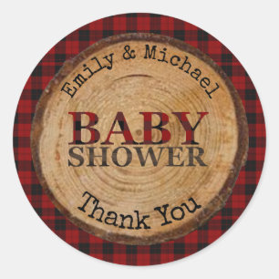 Sticker Rond Baby shower Plaid Rustique Buffalo Personnalisé