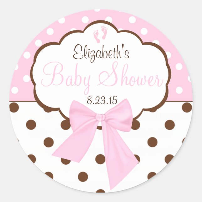 Sticker Rond Baby shower Pois rose et Brown (Devant)