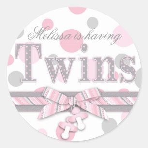 Sticker Rond Baby shower Pois Twins Pink & Grey