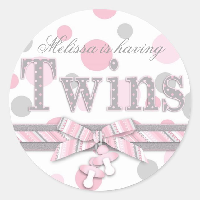 Sticker Rond Baby shower Pois Twins Pink & Grey (Devant)