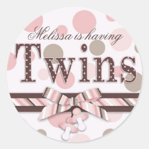 Sticker Rond Baby shower Pois Twins Pink & Taupe