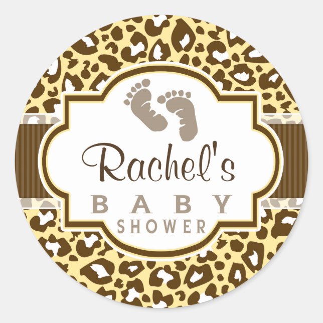 Sticker Rond Baby shower Poster de animal Brown, léopard jaune (Devant)
