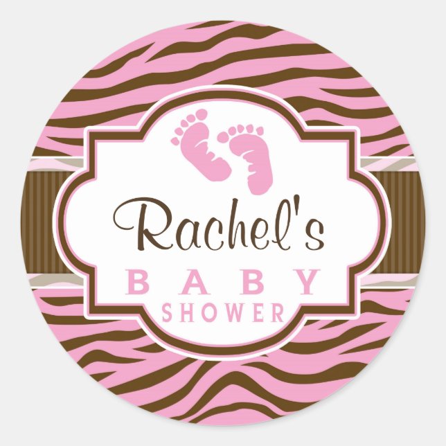 Sticker Rond Baby shower Poster de animal Brown, Pink Zebra Str (Devant)