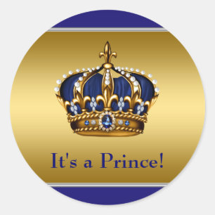 Sticker Rond Baby-Shower pour Prince de Bleu Royal et Or