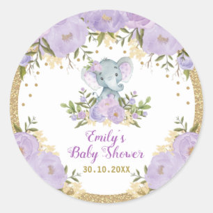 Sticker Rond Baby shower pourpre de fleur d'or d'éléphant de