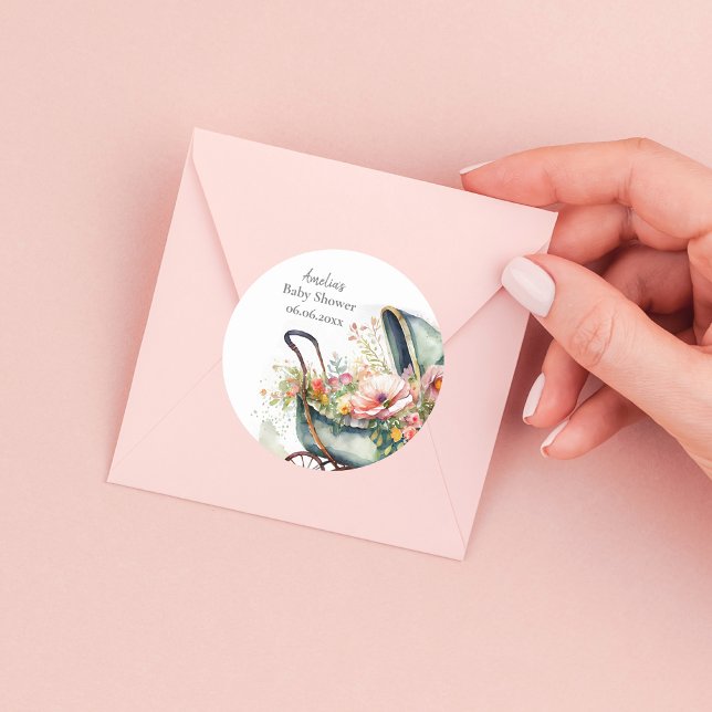 Sticker Rond Baby shower Pram Vintage personnalisé (Créateur téléchargé)