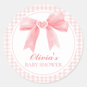 Sticker Rond Baby shower prépa avec un nœud rose et gingham