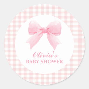 Sticker Rond Baby shower prépa avec un nœud rose et gingham