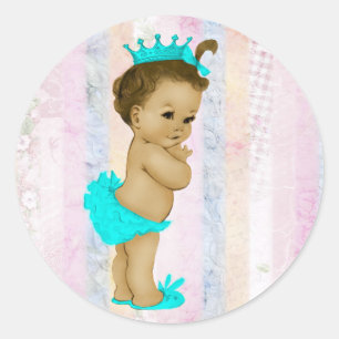Sticker Rond Baby Shower Princesse Arc-en-Ciel Pastel Rétro