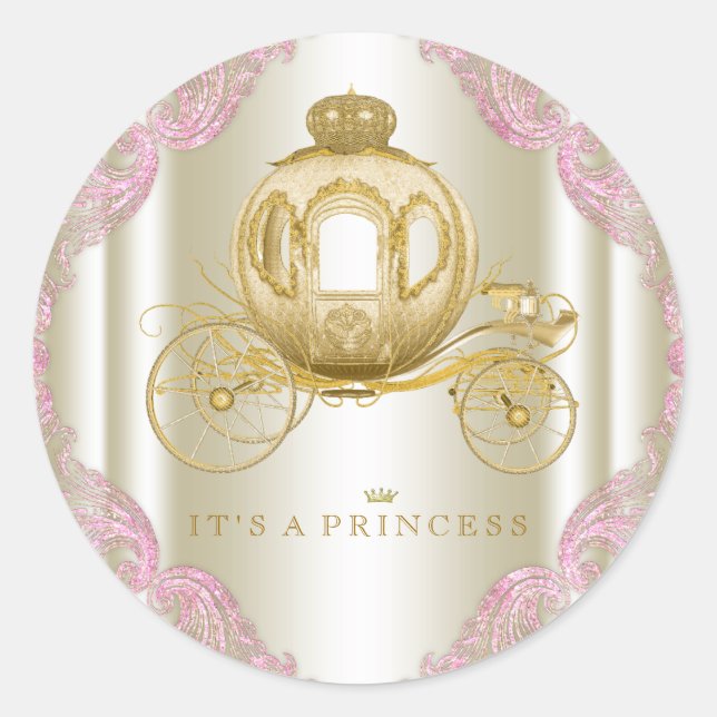 Sticker Rond Baby shower Princesse de transport rose et or (Devant)