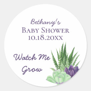 Sticker Rond Baby shower Purple Green Succulents Me Regarder Cr