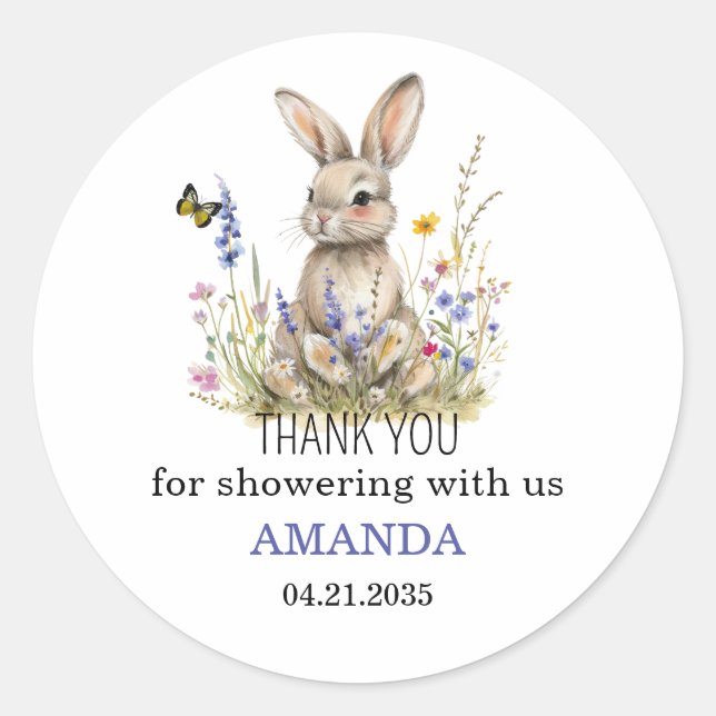 Sticker Rond Baby Shower Quelques fleurs sauvages de lapin auto (Devant)