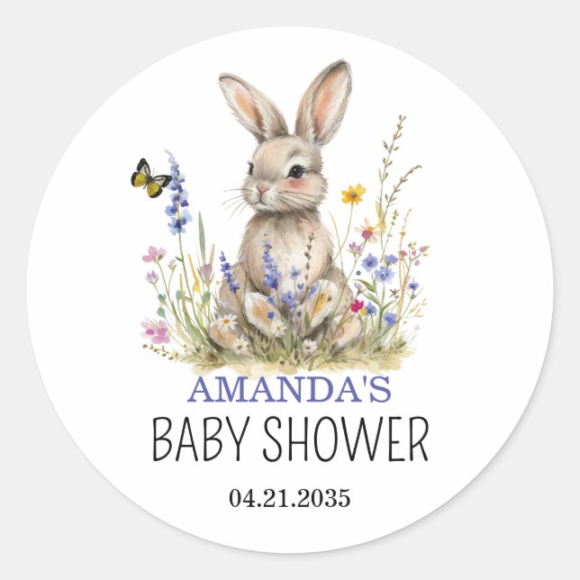 Sticker Rond Baby shower Quelques fleurs sauvages lapin autocol (Devant)