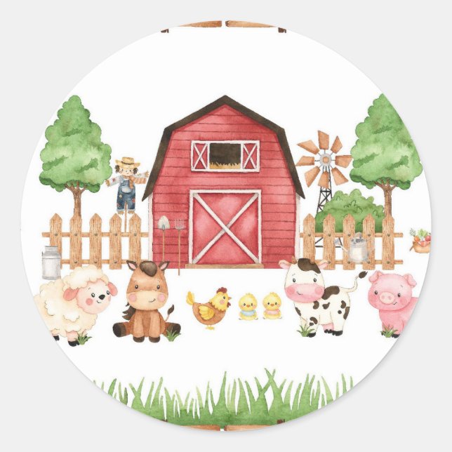 Sticker Rond Baby shower Red Farm Animaux (Devant)