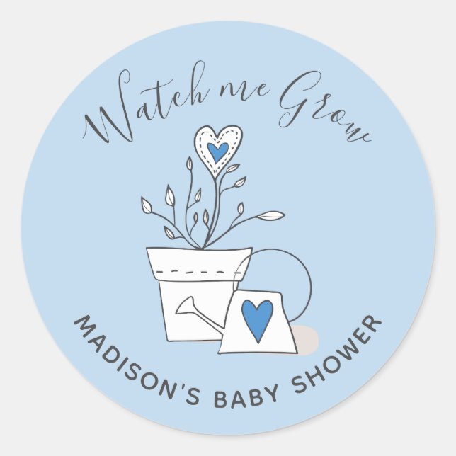 Sticker Rond Baby Shower Regarde-moi Grandir Cœur Bleu Plante (Devant)