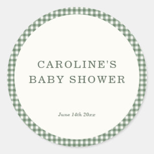 Sticker Rond Baby Shower Rétro à carreaux Gingham Vert Sauge