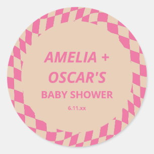 Sticker Rond Baby Shower Rétro Rose Chaude Abstrait Personnalis